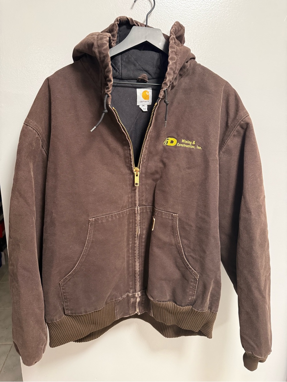 Carhartt Brown Hooded Canvas Work Jacket with Yellow Logo